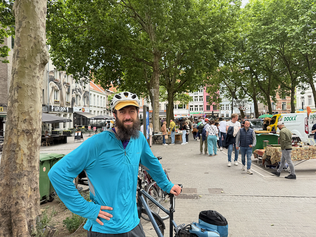 Alex in the square outside of the tunnel in Antwerp.