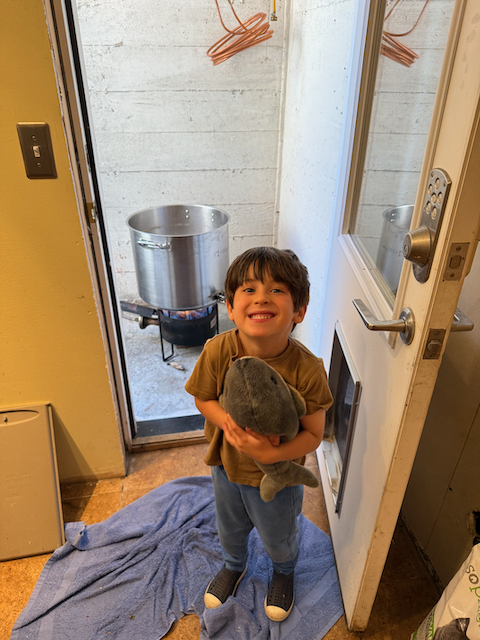 I spent an hour baby sitting Remy, so we put him to work helping with the brewing, and he learned a little science. Natalie made us a wonderful lunch when she returned to pick him up.