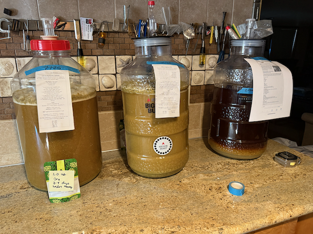 Three fo the four batches bubbling away the next day - The fourth batch was fermenting in the sink as it is well known for bubbling over.