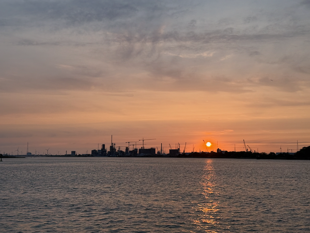 Looking out at the harbor in Antwerp at sunset