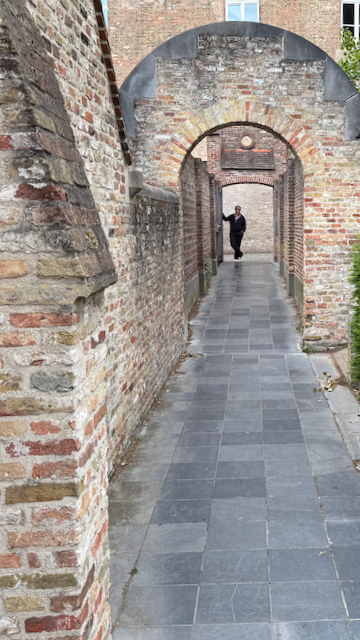 Sue in the walkway to the hospital