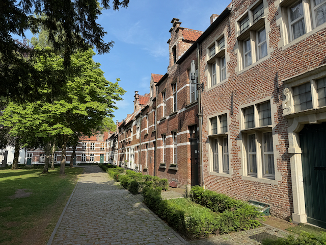 The houses on the other side of the gardens in the beguinage of Dendermonde
